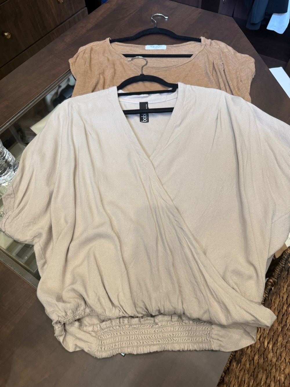 Bobi size medium tan cross front t shirt with cinched waist